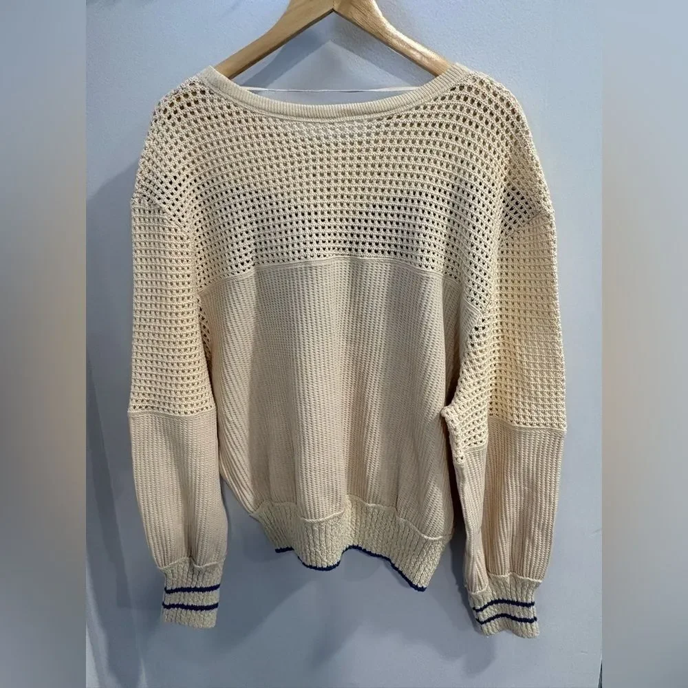 Free People Cream and Blue Knit Sweater
